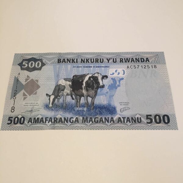 ○【送料無料】完全未使用級 201*年 ルワンダ 紙 幣 500 フラン 牛 カラフル カラー color COW 