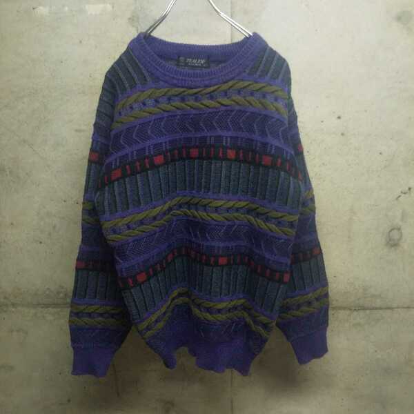 3Dニット 立体編み 総柄 セーター 古着 used 90s coogi風 knit ニット vintage 