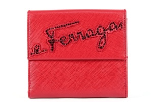 【超美品】Ferragamo フェラガモ ラインストーン 二つ折り財布 レッド レザー イタリア製 ブランド小物【IV51】