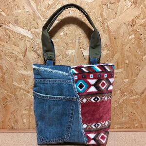 ハンドメイド トートバッグ デニムリメイク デニムトートバッグ 鞄 かばん オルテガ ネイティブ ミリタリー