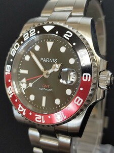 【期間特価3000円引き中!!新品】 parnis 'マスターGMT' タイプ セラミックベゼル サファイア 自動巻き 黒赤ベゼル