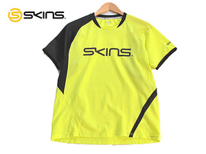 SKINS スキンズ ドライメッシュ 切替 半袖 シャツ Tシャツ イエロー ランニング トレーニング エクササイズ ヨガ スポーツ デサント