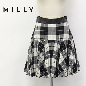 ◆MILLY/ミリー チェック柄 ラムレザー使い プリーツ スカート ブラック×オフホワイト 2