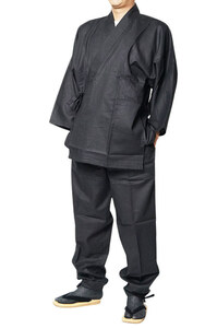 【ひめか】作務衣 日本製 綿麻-袖裾ロールアップ付き 8050　黒Ｌ