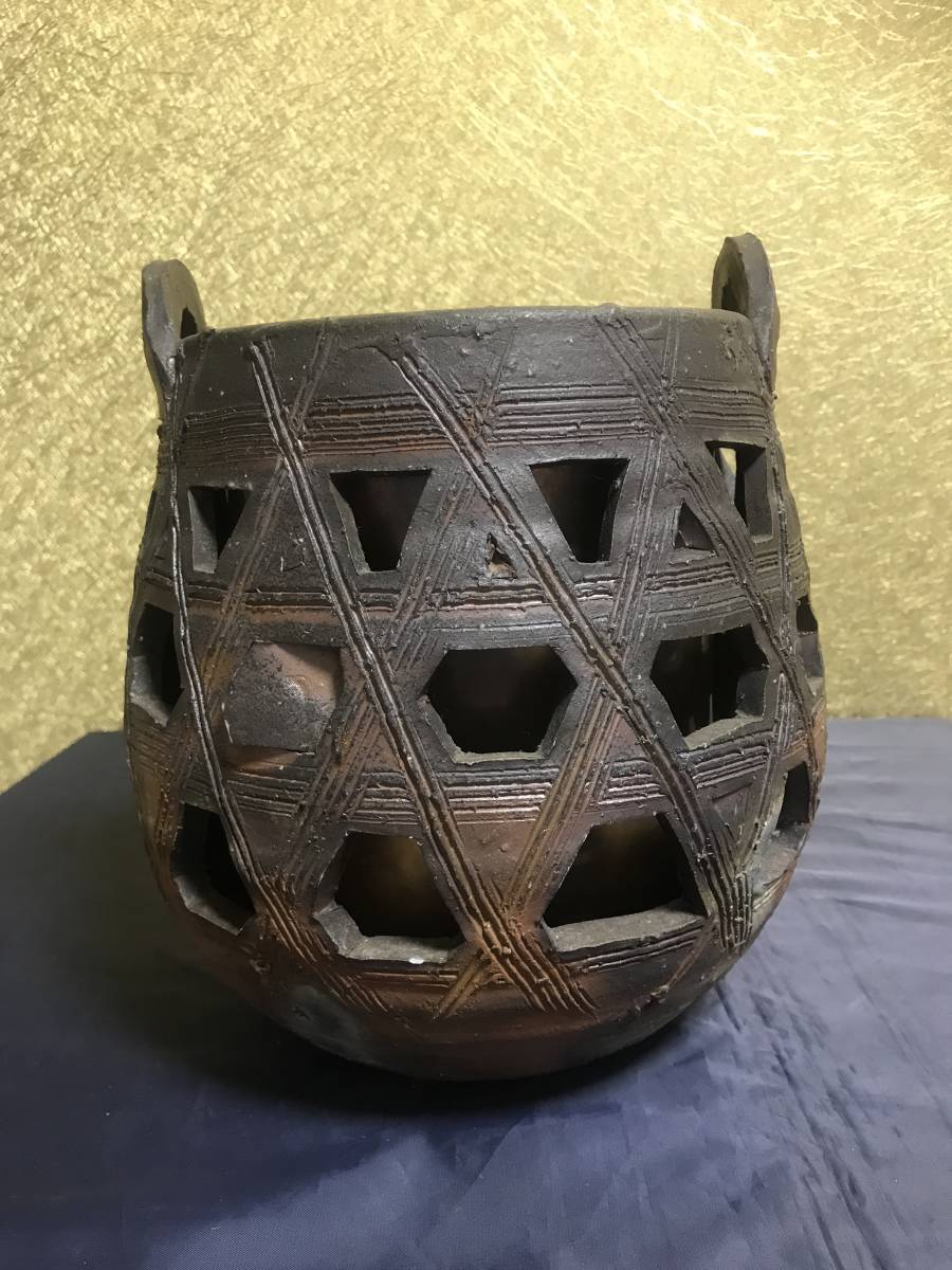 備前焼　柴岡紘一　花入　花瓶　耳付　箱　骨董　アンティーク　インテリア　華道 備前焼 柴岡紘一 花入 花瓶 耳付 箱 骨董 アンティーク