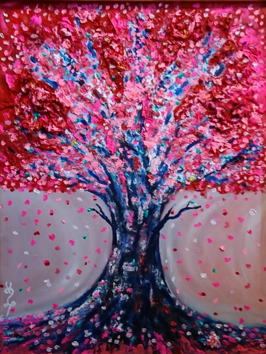 National Art Association, Sato Memi, Cherry tree in full bloom, Oil painting, F6: 40, 9×31, 8cm, One-of-a-kind oil painting, New high-quality oil painting with frame, Autographed and guaranteed to be authentic, Painting, Oil painting, Nature, Landscape painting