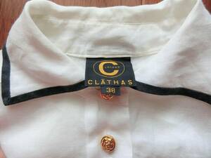 レトロ♪入手困難★美品★CLATHAS クレイサス★半袖ブラウス レディース 白紺色 バック刺繍★サイズ38 大きめ 涼しい麻100％★販売終了品♪