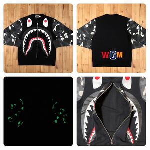 ★蓄光★ リアルジップ シャーク 長袖スウェット Sサイズ city camo a bathing ape BAPE shark zip SWEAT エイプ ベイプ 迷彩 t65