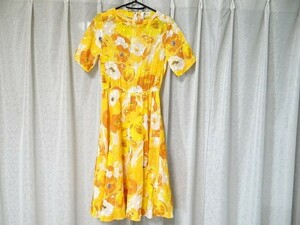 美品 70年代 ビンテージ 日本製 Loire ワンピース 花柄 黄色 ドレス Mサイズ モダン レトロ 昭和 当時物