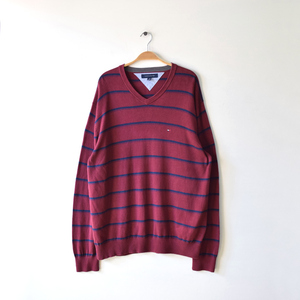 【送料無料】トミーヒルフィガー コットンニット Vネック セーター ボーダー柄 メンズXL ボルドー TOMMY HILFIGER 古着 CH0676