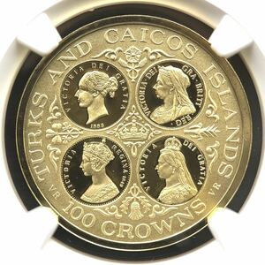 ◆入手困難◆ 1976 イギリス領 タークス・カイコス 100クラウン金貨 ヴィクトリア４肖像 NGC PF68 UC アンティーク コイン