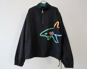 80's 90's GREG NORMAN ネオンカラーシャークプリント ブラックナイロンプルオーバージャケット 表記L 実寸XL程度/ビンテージアノラック黒