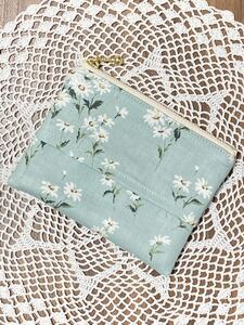 ポケットティッシュケース付きミニポーチ ハンドメイド マーガレット ライトグリーン
