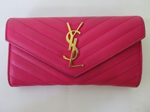 BBW14★イヴサンローラン/YSL 2つ折り財布 Vステッチ 赤 レッド ピンク ベタつきあり