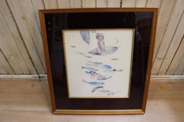 ■Chihiro Iwasaki Boy and Fish Painting Children's painting Frame Reproduction with frame Color paper Frame size approx. 40.5 x 37.5■, Artwork, Painting, Children's drawings