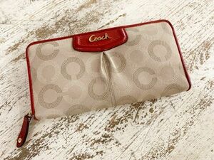 ★COACH/コーチ ポケット多数レディース長財布 ウォレット 財布 レッド×ベージュ ラウンドファスナー 総ロゴ USED ★