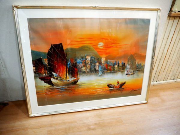 Lanzamiento de la colección ◆ Comprado en el extranjero Pintura al óleo Lienzo Paisaje Barco Atardecer Vintage Artista desconocido ◆, Cuadro, Pintura al óleo, Naturaleza, Pintura de paisaje