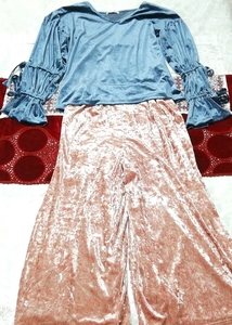 Темно-синяя велюровая туника-пеньюар, ночная рубашка, розовая велюровая юбка-макси 2р, мода, женская мода, пижама, пижама