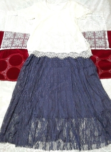 Camisón negligee túnica de manga corta de encaje blanco falda larga de encaje azul marino 2P, moda, moda para damas, ropa de dormir, pijama