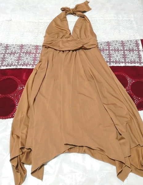 茶色無地背中空きノースリーブ ネグリジェ ナイトウェア ハーフワンピース Brown plain backless sleeveless negligee nightwear dress