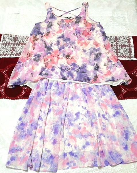 白紫ピンクシフォンノースリーブチュニック ネグリジェ 水彩柄フレアスカート 2P White purple pink chiffon tunic negligee flare skirt