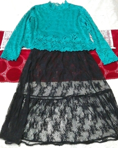 緑レースチュニック ネグリジェ ナイトウェア 黒シースルーレーススカート 2P Green lace tunic negligee black see-through lace skirt,ファッション&レディースファッション&ナイトウエア、パジャマ