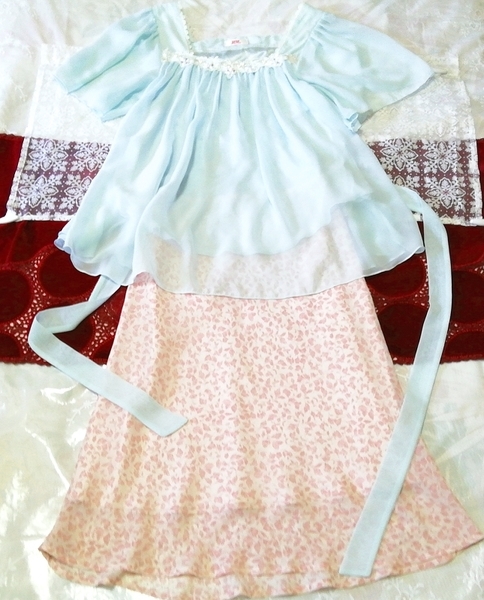 水色シフォンチュニック ネグリジェ ナイトウェア ピンク花柄スカート 2P Light blue chiffon tunic negligee nightwear pink floral skirt, ファッション, レディースファッション, ナイトウエア、パジャマ