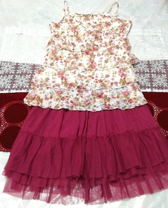 フリル白ピンク花柄レースキャミソール ネグリジェ キュロットプリーツミニスカート 2P White pink floral lace camisole negligee skirt