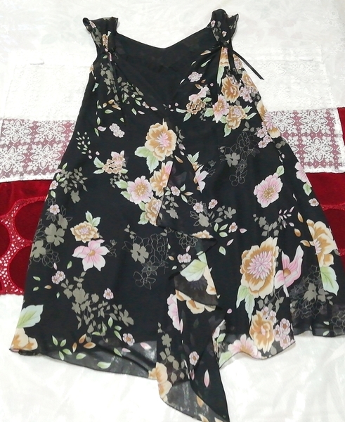 Black chiffon floral ribbon sleeveless negligee nightgown nightwear dress, knee length skirt, m size