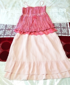 ピンクサテンレースキャミソール ネグリジェ ピンクシフォンプリーツスカート 2P Pink satin lace camisole negligee pink chiffon skirt