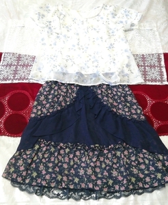 Tunique en mousseline de soie à motif floral blanc, chemise de nuit, jupe en dentelle marine, 2P, mode, mode féminine, vêtement de nuit, pyjamas