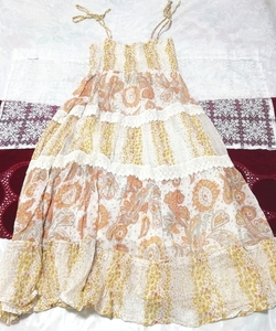 亜麻色エスニック柄綿コットンシフォン ネグリジェ キャミソールワンピース Flax ethnic pattern cotton chiffon negligee camisole dress