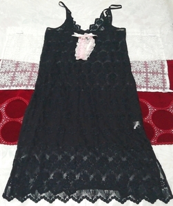 黒シースルーレースピンクリボン ネグリジェ キャミソールワンピース Black see-through lace pink ribbon negligee camisole dress