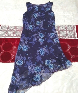 紺花柄シフォンノースリーブ ネグリジェ ナイトウェア ハーフワンピース Navy blue floral chiffon sleeveless negligee nightwear dress, ワンピース, ひざ丈スカート, Mサイズ