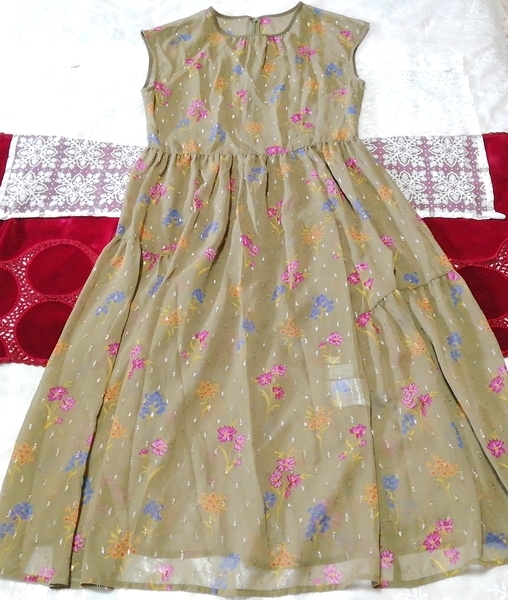 オリーブ緑花柄シフォンノースリーブマキシシースルー ネグリジェ ワンピース Olive green floral chiffon maxi seethrough negligee dress, チュニック, 袖なし、ノースリーブ, Mサイズ