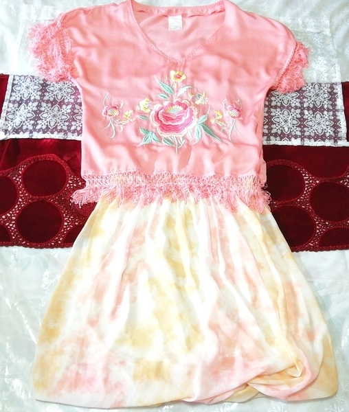 Rosa Tunika-Negligé-Nachthemd mit Fransen und Blumenstickerei, blassorangefarbener ausgestellter Rock, 2 Stück, Mode, Frauenmode, Nachtwäsche, Pyjama