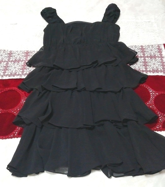 黒段フリルシフォン ノースリーブ ネグリジェ ハーフワンピース Black frill chiffon sleeveless negligee half dress