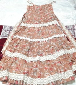 茶色花柄白レース 綿コットン ネグリジェ マキシキャミソールワンピース Brown floral white lace cotton negligee maxi camisole dress