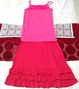 ピンクレースキャミソール ネグリジェ 赤フリルミニスカート 2P Pink lace camisole negligee red frill mini skirt