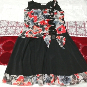 黒赤グレーアート柄フリル ネグリジェ ノースリーブワンピースドレス Black red gray art pattern ruffle negligee sleeveless dress