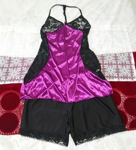 紫サテン黒レースキャミソール ネグリジェ ナイトウェア ショートパンツ 2P Purple satin black lace camisole negligee nightwear shorts