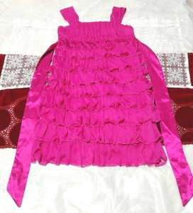 マゼンタピンクフリルサテンリボン ネグリジェ ノースリーブワンピースドレス Magenta ruffle satin ribbon negligee sleeveless dress, ファッション, レディースファッション, ナイトウエア、パジャマ