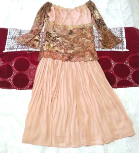 茶ピンク花レースチュニック ネグリジェ ピンクプリーツシフォンスカート 2P Brown pink flower lace tunic negligee pink chiffon skirt, ファッション, レディースファッション, ナイトウエア、パジャマ