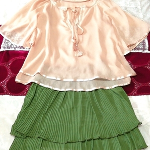 ピンクベージュシフォンチュニック ネグリジェ 緑プリーツミニスカート 2P Beige chiffon tunic negligee green pleated miniskirt