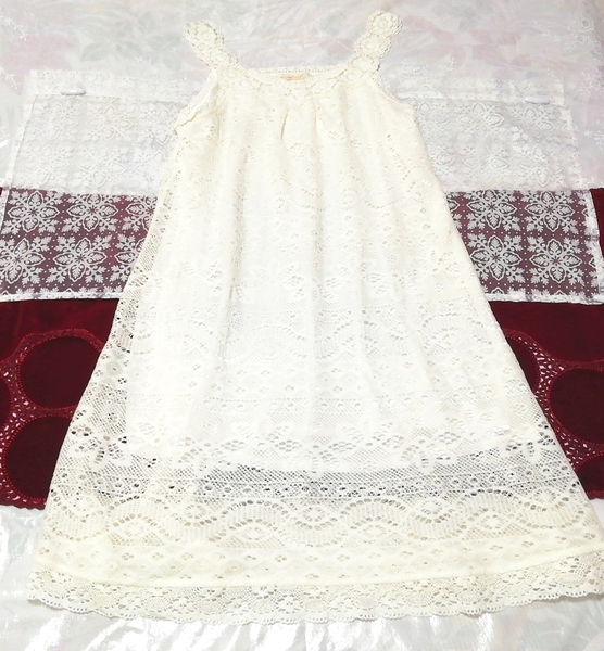 白レースニットノースリーブ ネグリジェ ナイトウェア ハーフワンピース White lace knit sleeveless negligee nightwear half dress, ワンピース, ひざ丈スカート, Mサイズ