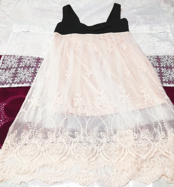 黒ベストフローラルホワイト刺繍レーススカートネグリジェ ノースリーブワンピースドレス Black floral white lace skirt negligee dress, ファッション, レディースファッション, ナイトウエア、パジャマ