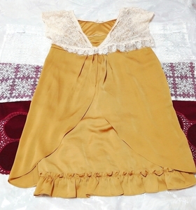 亜麻色レースサテンスカート ネグリジェ ナイトウェア ワンピースドレス Flax lace satin skirt negligee nightwear sleeveless dress