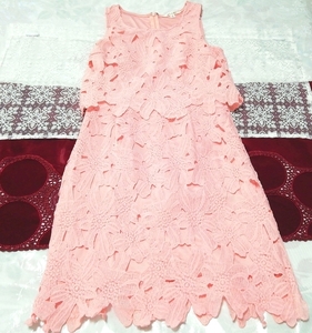 ثوب نوم منسوج من الدانتيل الوردي بدون أكمام، نصف فستان نوم, تنورة بطول الركبة, حجم م