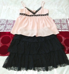 ピンク黒レースキャミソール ネグリジェ 黒レースフレアフリルスカート 2P Pink black lace camisole negligee black flare frill skirt