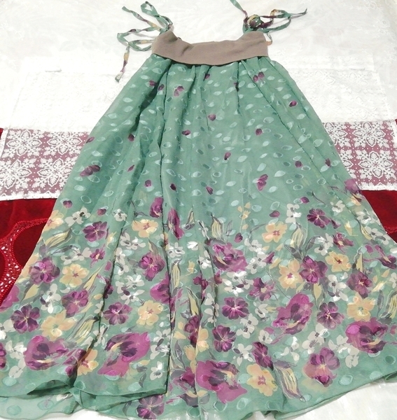 緑紫花柄ニットチェスト シフォンスカート ネグリジェ キャミソールワンピース Green floral knit chiffon skirt negligee camisole dress